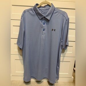 Under Armour men’s polo shirt. Royal blue/white stripe. Sz XL. Heat Gear fabric.